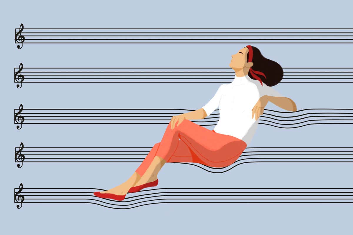Illustration of woman sat on musical scale notation