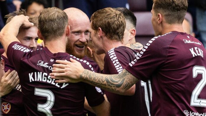 EDINBURGH, SCOTLAND - SEPTEMBER 16: Hearts&#39; Liam Boyce celebrates with teammates after scoring to make it 2-0 during a cinch Premiership match between Heart of Midlothian and Aberdeen at Tynecastle Park, on September 16, 2023, in Edinburgh, Scotland.  (Photo by Mark Scates / SNS Group)