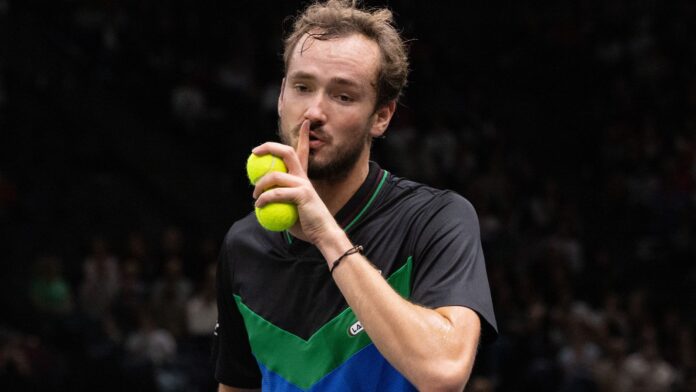 Daniil Medvedev of Russia during Day Three of the Rolex Paris Masters ATP Masters 1000 at Palais Omnisports de Bercy on November 01, 2023 in Paris, France. (Photo by Tnani Badreddine/DeFodi Images via Getty Images)