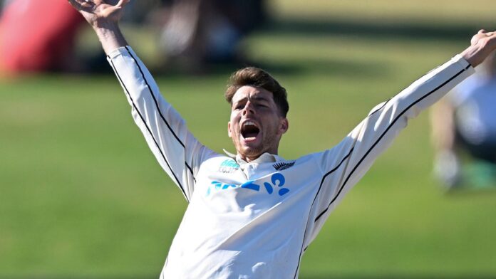 New Zealand's Mitch Santner appeals successfully for a LBW decision to dismiss South Africa's Tshepo Moreki as Ruan de Swardt, right, watches, on day four of the first cricket test between New Zealand and South Africa at Bay Oval, Mt Maunganui, New Zealand, Wednesday, Feb. 7, 2024. (Photo: Andrew Cornaga/Photosport via AP)