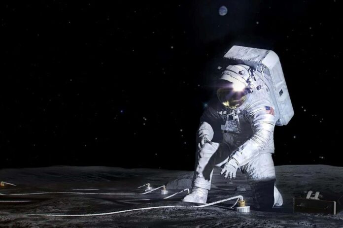 Artist's concept of an Artemis astronaut deploying an instrument on the lunar surface