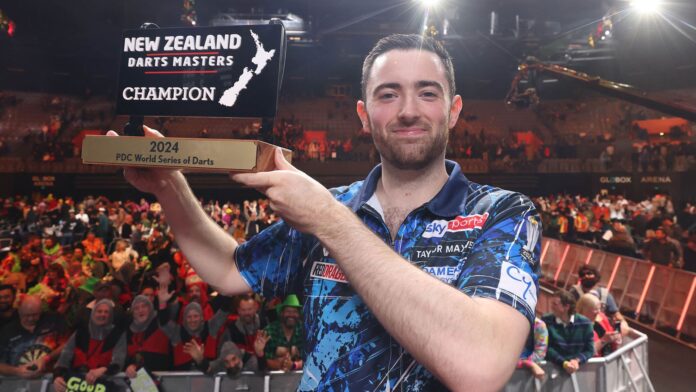 Luke Humphries wins the NZ Darts Masters. .PDC World Series of Darts - New Zealand Darts Masters at Globox Arena,.Hamilton on Saturday August 17 2024 Photo credit: Stephen Parker / www.photosport.nz