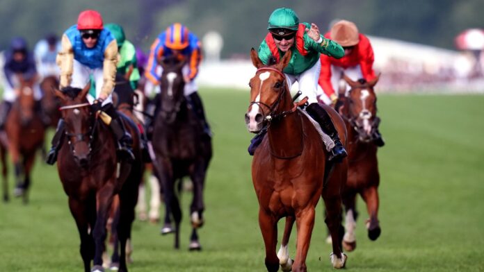 Calandagan ridden by Stephane Pasquier on their way to winning the King Edward VII Stakes on day four of Royal Ascot 