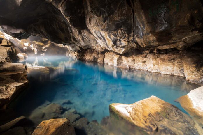 Long exposure view of Grj??tagj??, a small lava cave near lake M??vatn in Iceland