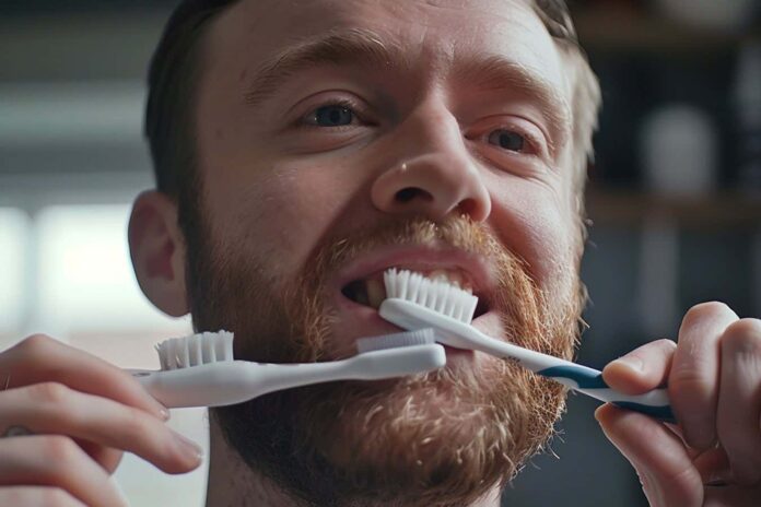 An image of a man brushing his teeth with two toothbrushes, one of which looks strange, that has been generated by an AI program