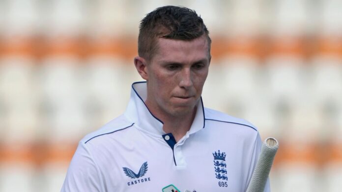 England's Zak Crawley walks off the field after his dismissal during the second day of the second test cricket match between Pakistan and England, in Multan, Pakistan, Wednesday, Oct. 16, 2024. (AP Photo/K.M. Chaudary)