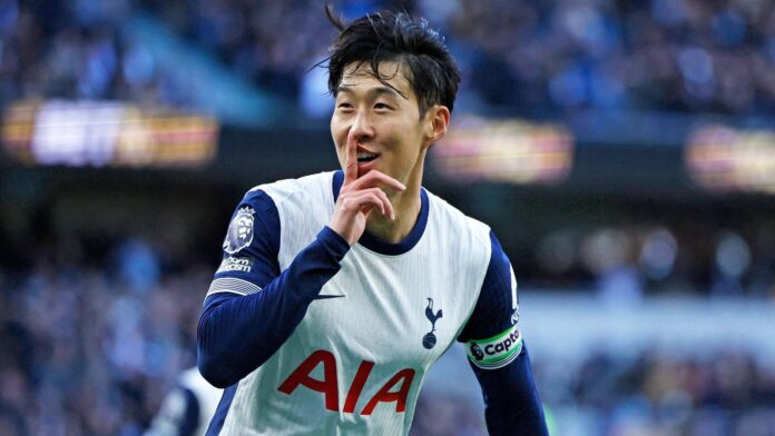 Heung-Min Son celebrates after scoring Spurs' fourth goal against West Ham