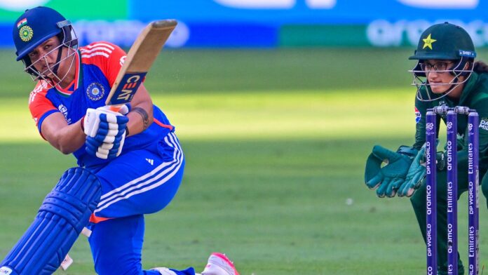 India's Shafali Verma plays a shot during the ICC Women's T20 World Cup cricket match between Pakistan and India at the Dubai International Cricket Stadium in Dubai on October 6, 2024. (Photo by Giuseppe CACACE / AFP)