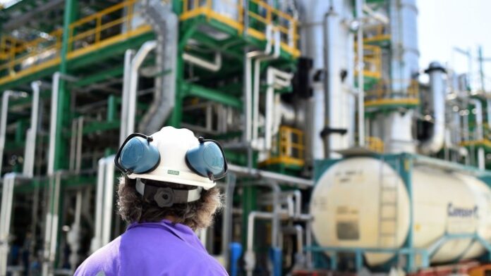 A technician works at the Matrica chemistry complex in Porto Torres, Sardinia